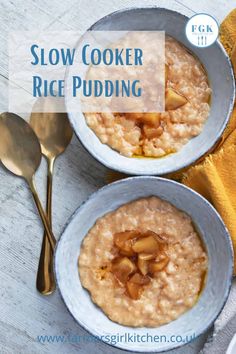 two bowls filled with rice pudding on top of a table