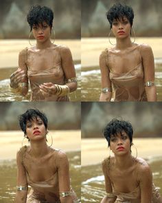 four different pictures of a woman in the water with her hands on her chest and wearing gold bracelets