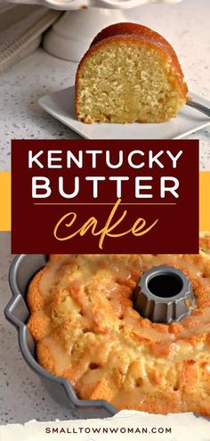 a bundt cake on a plate with the words kentucky butter coffee in front of it