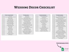 the wedding decor checklist is shown in black and white