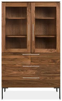 a wooden cabinet with glass doors and two drawers on one side, the door is open