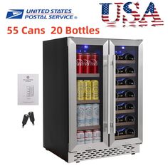 an image of a beverage cooler with its door open and the words usa postal service on it