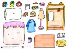 a drawing of various items that are on the floor and in front of a bed