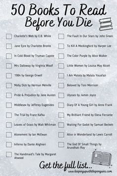 the 50 books to read before you die checklist is shown in black and white