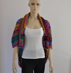 Rainbow Afghan Crochet Cardigan Oversized Women Jacket Fall Cozy Crochet Acrylic Cardigan, Fall Crochet Cardigan In Acrylic Yarn, Winter Crochet Acrylic Yarn Cardigan, Bohemian Crochet Acrylic Cardigan, Casual Crochet Shrug For Fall, Rainbow Afghan, Crochet Bodycon Dresses, Knit Accessories, Cardigan Oversized