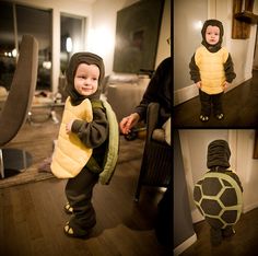 there is a little boy dressed in a turtle costume