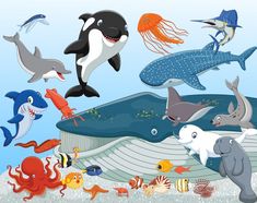 an ocean scene with many different types of animals and fish on the bottom right hand corner