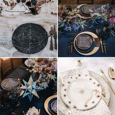 Plates and decor that are celestial themed Constellation Wedding Theme, Star Table Decorations, Zodiac Wedding, Starry Night Wedding Theme, Night Sky Wedding, Constellation Wedding, Celestial Wedding Theme, Starry Wedding, Galaxy Party