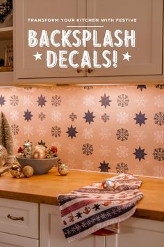 a kitchen counter with christmas decorations on it and the words backsplash decals