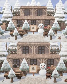 snowmen are standing in front of a building