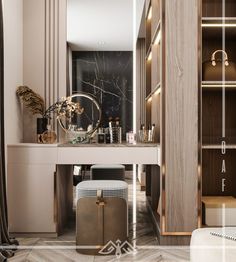 a dressing table with a mirror, stool and suitcase on it in a room that has marble flooring