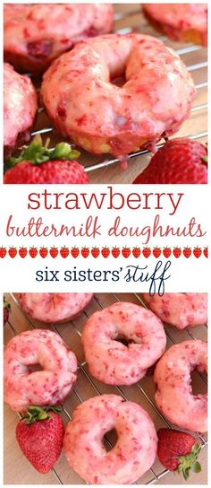 strawberry buttermilk doughnuts are sitting on a cooling rack with strawberries