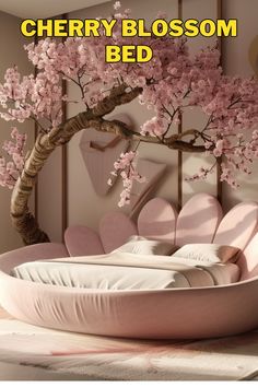 there is a bed with pink flowers on it and the words cherry blossom bed above it