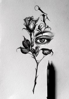 a pencil drawing of a flower with an eye in the middle and a pen on top