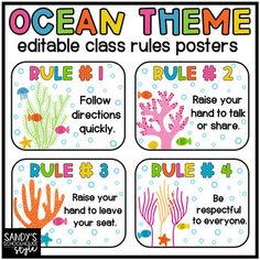 an ocean theme poster with four different rules for the classroom to use in their class