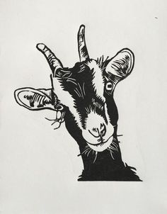 a black and white drawing of a goat's head with two horns on it