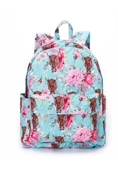 Teal Blue Highland Cow + Flowers Girls Backpack - Allure Boutique WY Cow Backpack, Wolf Bag, Painting Backpack, Children Bottoms, Authentic Turquoise Jewelry, Girls Backpack, Cowhide Bag, Resort Collection, Boot Accessories