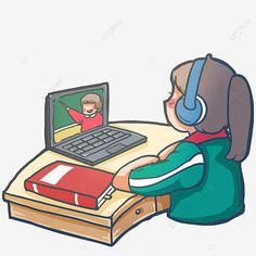 a little boy with headphones sitting in front of a laptop computer, cartoon, character png and psd