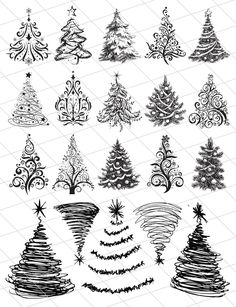 christmas trees drawn in black and white ink