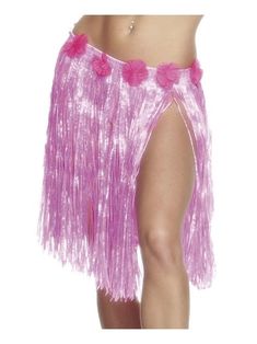 a woman wearing a pink hula skirt with flowers on the side and her bottom