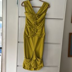 This Silk Dress Is So Sexy And So Interesting With Different Cuts, Gathering On The Bottom. Lined With A Matching Silk. Draped From Bust To Hip. Zip On Back. A Couture Piece . So Different And A Standout Zac Posen Dress, Zac Posen, Silk Dress, Colorful Dresses, Midi Dress, Couture, Silk, Womens Dresses, Yellow