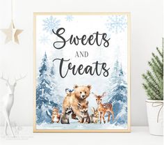 a christmas card with the words sweets and treats surrounded by deer, snowflakes and pine trees