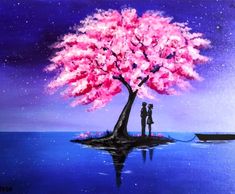 a painting of two people standing under a pink tree on an island in the ocean