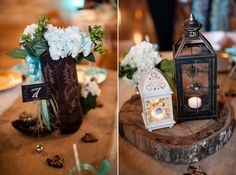 there are two vases with flowers in them on the table and one has a lantern