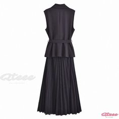 Classic Black Dress with Belted Turn-down Collar, Sleeveless Pleated Vest Style Dress Black Pleated Sleeveless Dress For Work, Black Sleeveless Dress For Fall, Pleated Vest, Classic Black Dress, Suit Collar, Vest Style, Vest Fashion, Types Of Skirts, Style Dress