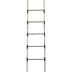 a ladder that is made out of wood and black metal bars on the bottom, against a white background