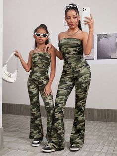 Tween Girl Cool Knit Camo Print Halter Wide Leg Jumpsuit For Spring/Summer Mother Matching Multicolor Casual  Sleeveless Knitted Fabric Camo,All Over Print Cami Slight Stretch  Tween Girls Clothing, size features are:Bust: ,Length: ,Sleeve Length: Girl Cool, Camo Print, Wide Leg Jumpsuit, Girls Clothing, Camouflage, Camo, Length Sleeve, Wide Leg, Jumpsuit