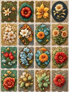 a bunch of flowers that are in some kind of square tile wall hangings on a wall