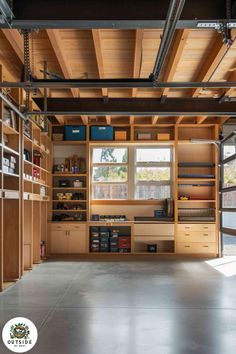 the inside of a garage with lots of shelves and drawers on it's sides