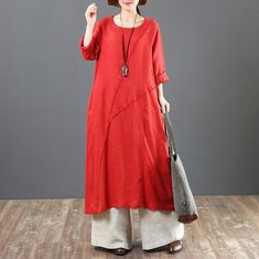 Women linen dresses red Vintage Casual Long Sleeve Spliced Women Dress - Omychic Red Lagenlook Dress, Red Linen Dress For Spring, Red Linen Bohemian Dress, Red Bohemian Linen Dress, Fall Linen Tunic Dress, Lagenlook Long Sleeve Linen Dress, Red Long Patchwork Dresses, Burgundy Dress Fall, Tunic Linen