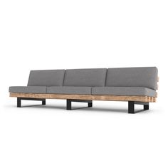 a wooden couch with grey fabric on it