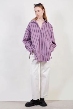 Shop for Purple striped oversized shirt at Glassworks London. Free UK shipping for orders over £75. Buy Now Pay Later with Klarna. Cotton Shirt With Vertical Stripes For Fall, Fall Cotton Shirt With Vertical Stripes, Oversized Cotton Shirt With Striped Collar, Purple Shirt Outfits, Oversized Shirt Outfit, Strip Blouse, Jeans Uk, London Free, Purple Shirt