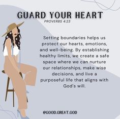 a woman sitting on top of a chair with a hat on her head and the words guard your heart above it