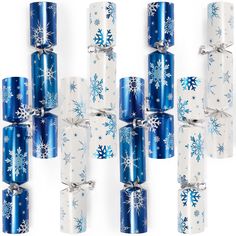 six rolls of blue and white wrapping paper with snowflakes on them, tied together