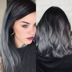 Black And Smokey Grey Hair, Black To Silver Balayage, Grey Hair With Dark Roots, Smokey Gray Hair Color, Dark Grey Balayage, Gunmetal Grey Hair, Silver Hair Balayage, Dark Ash Balayage, Steel Grey Hair