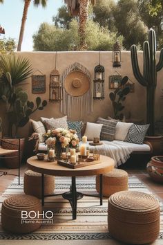 a living room filled with lots of furniture and plants on top of a wooden table