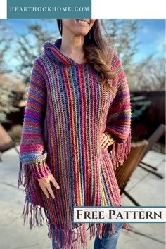 a woman wearing a multicolored sweater with fringes on the sides and text overlay that reads, free pattern