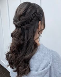 Half Up Half Down Braid Dark Hair, Half Up Half Down Hair For Grad, Wedding Hair Half Up Half Down Black Hair, Half Up Wedding Hair Brown, Braid Side Hairstyles, Dark Brown Wedding Hair Half Up, Half Up Half Down Hair For Maternity Pictures, Braid To Half Up Half Down, Elegant Bridesmaid Hair Half Up