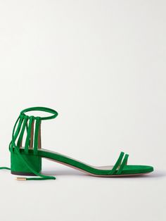 EXCLUSIVE AT NET-A-PORTER. Aquazzura’s ‘Straight to Heaven’ sandals are designed with an array of slim straps that create a cage-like effect at the heel. They're been made in Italy from smooth green suede and have long ties that wrap around the ankle to perfect the fit. The block heels offer a comfortable 35mm of lift. Garden Party Event, Farfetch Shoes, Garden Party Outfit, Party Edit, Latest Sandal, Aquazzura Shoes, Green Sandals, Strappy Block Heels, Room Fragrances