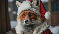 a red fox wearing a santa claus hat