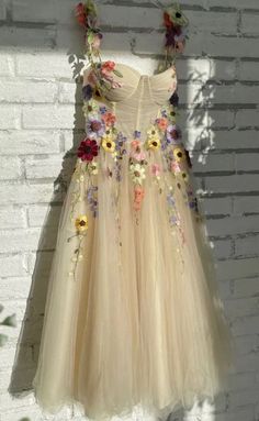 Champagne Tulle Tea Length Formal Dress With Flowers, Champagne Prom Dress on Luulla Colorful Ballgown Dress, Vintage Prom Dresses Luulla, Pink Tulle Dress Aesthetic, Dresses With Ribbon Straps, Quencinera Guest Dresses, Fairytale Formal Dresses, Sparkly Fairy Dress, Plus Size Wedding Dresses Colorful, Fairy Like Prom Dress