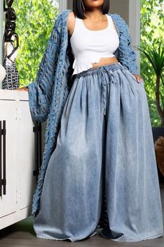 Elevate your denim game with Cassidy, our wide leg pants with a comfy elastic waist and stylish drawstring. Perfect for those who value comfort without sacrificing fashion. Boho Pants Outfit, Wide Leg Jeans Outfit, Short Scarves, Flannel Sweatshirt, Earthy Outfits, Boho Pants, Wide Leg Denim, How To Style, Wide Leg Jeans