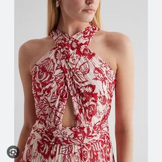 Crisscross Front, Side Zipper. Red Floral Print Halter Neck Midi Dress, Red Halter Neck Midi Dress With Floral Print, Chic Halter Neck Holiday Dresses, Elegant Halter Neck Dress For Holiday, Hawaiian Maxi Dress, Tropical Maxi Dress, Navy Blue Maxi Dress, Color Block Maxi Dress, Red Dress Maxi