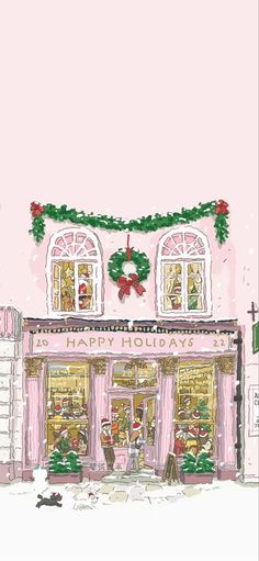 a drawing of a store front with christmas decorations on the windows and wreaths hanging above it