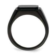 Black IP-plating over stainless steel polished men's signet ring. Band width measures approximately 1/2". Formal Stainless Steel Rectangular Signet Ring, Formal Rectangular Stainless Steel Signet Ring, Modern Stainless Steel Rectangular Signet Ring, Modern Rectangular Stainless Steel Signet Ring, Modern Stainless Steel Signet Ring, Modern Matte Black Jewelry For Formal Occasions, Matte Black Modern Jewelry For Formal Occasions, Modern Black Enamel Signet Ring, Black Polished Finish Jewelry For Business