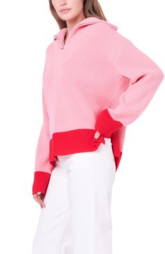 Contrasting trim punctuates this vibrant quarter-zip sweater knit with airy side vents. Quarter-zip closure Stand collar Long sleeves 85% acrylic, 15% wool Hand wash, dry flat Imported Spring Half-zip Sweater With Ribbed Collar, English Factory, Contrasting Trim, Quarter Zip Sweater, Sweater Knit, Zip Sweater, Pink Red, Stand Collar, Quarter Zip